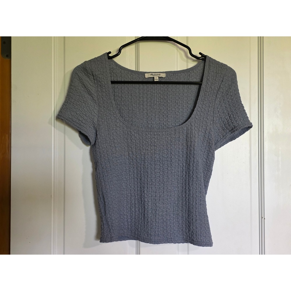 Madewell Womens Blue Gray Crinkle Textured Scoop Neck Short Sleeve Top Size S